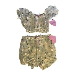 Dolls kill Sugar Thrillz Daisy Embroidered Mesh Lingerie Set Size: XXS